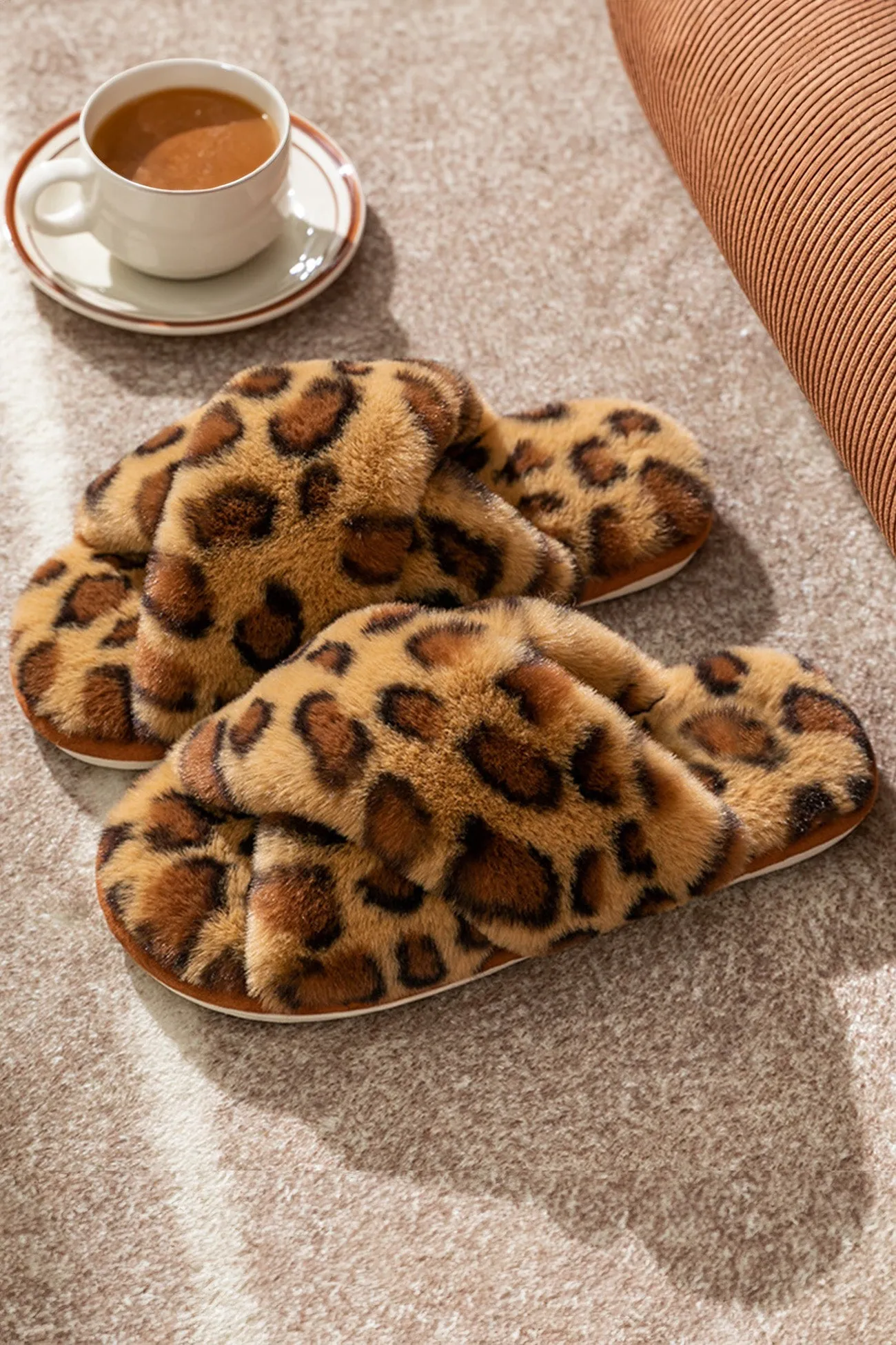 Leopard Print Cross Strap Fuzzy Slippers