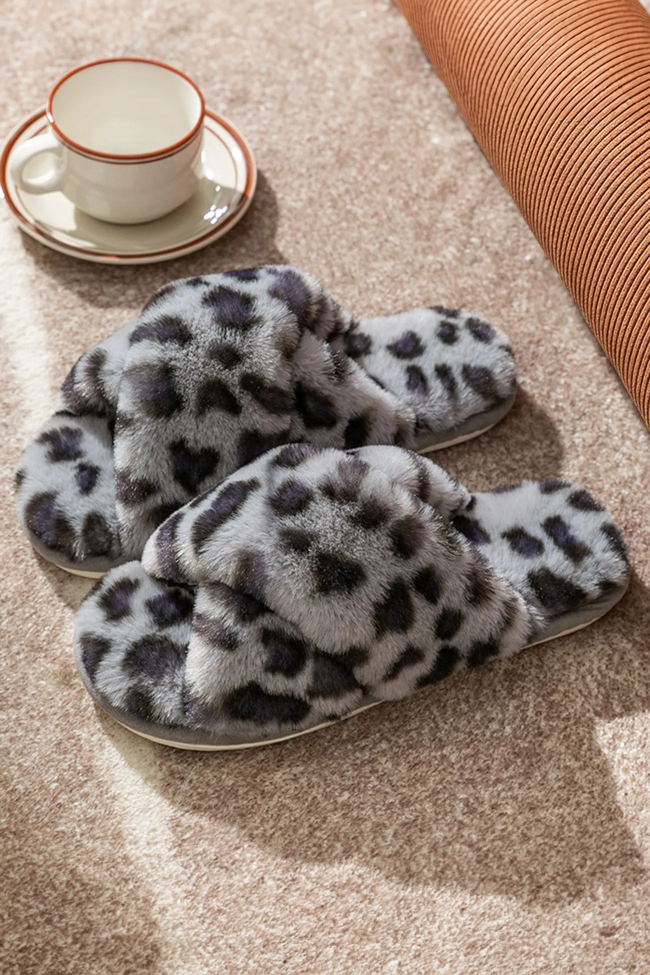 Leopard Print Cross Strap Fuzzy Slippers