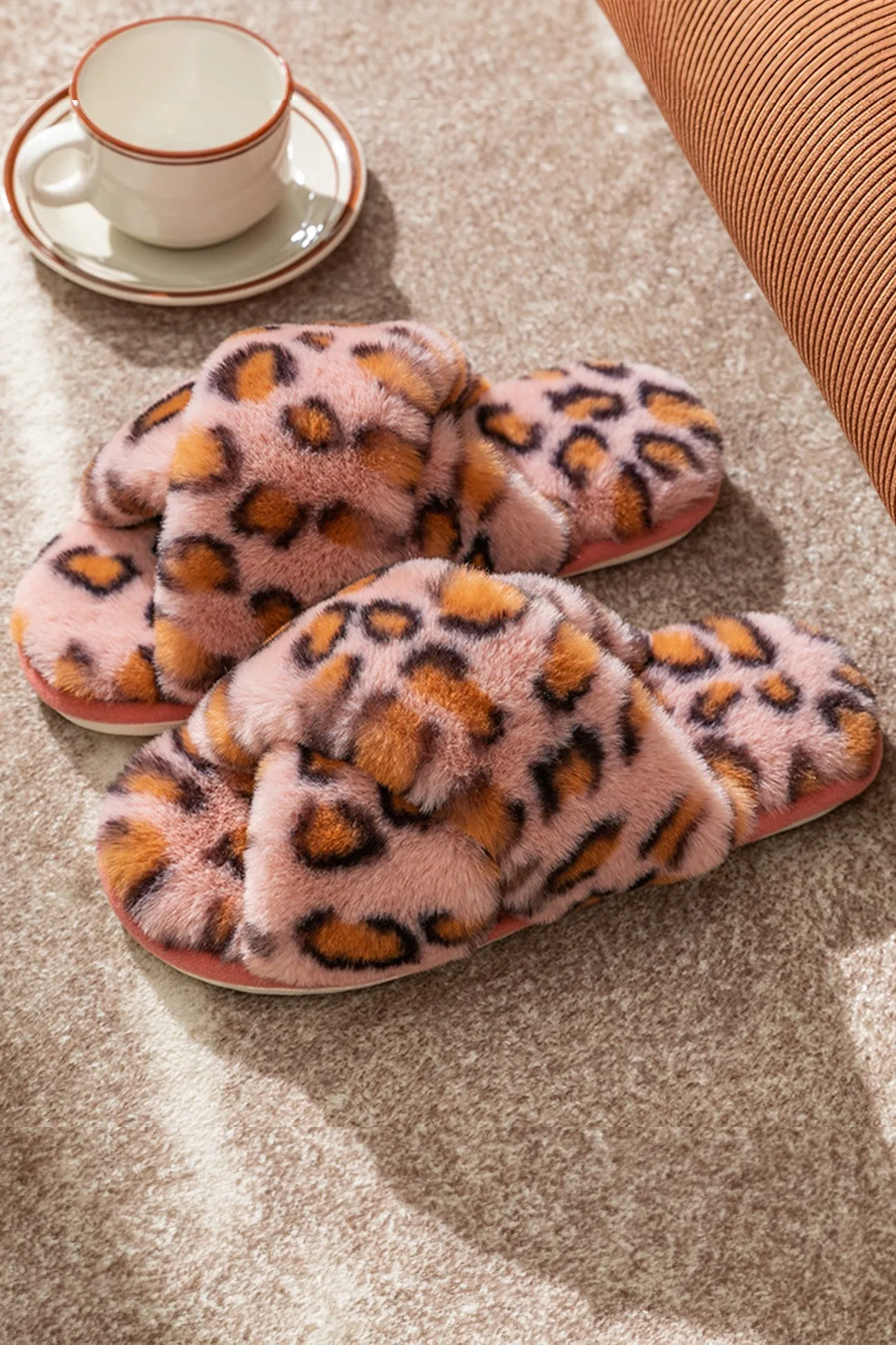 Leopard Print Cross Strap Fuzzy Slippers