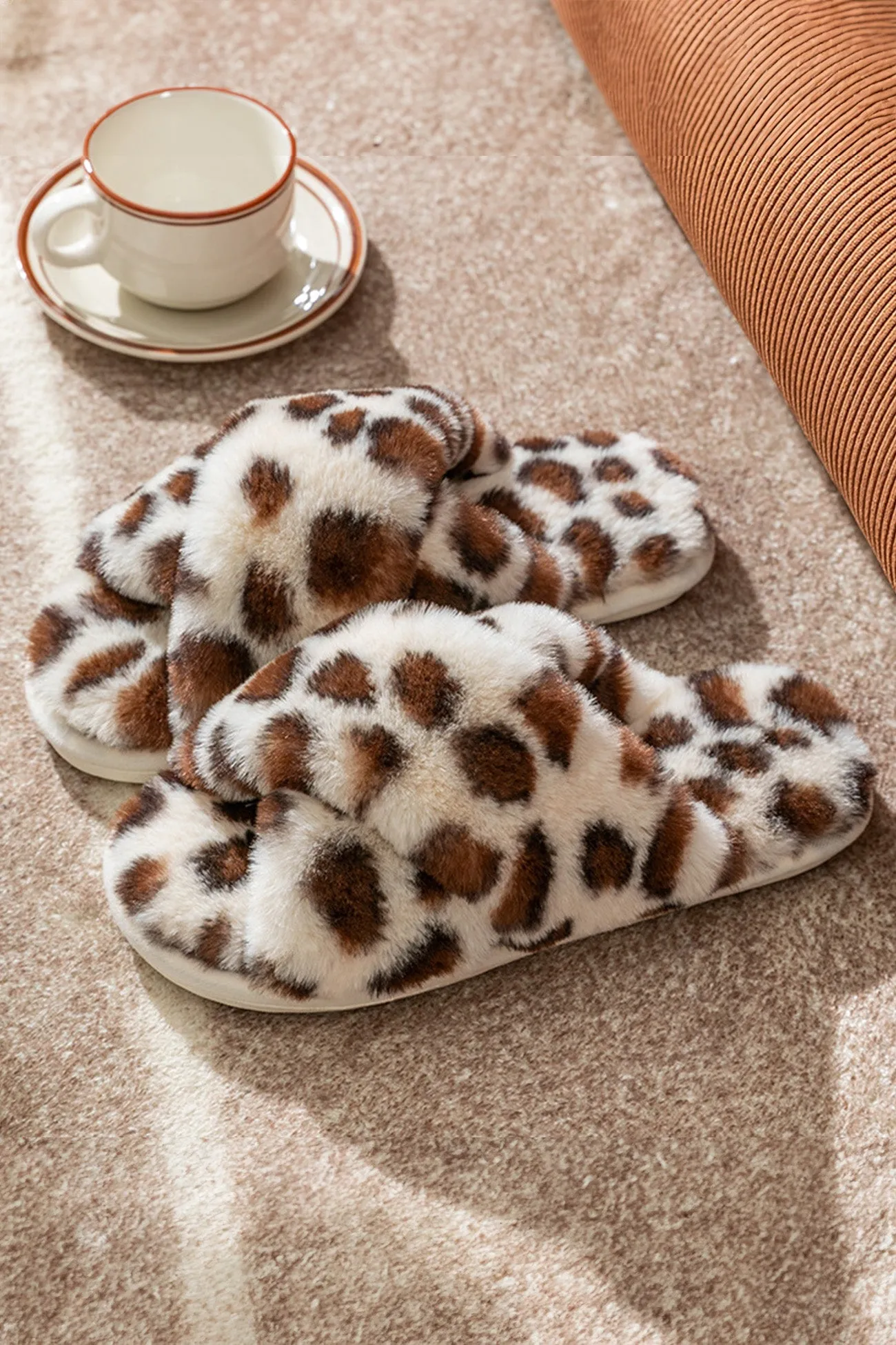 Leopard Print Cross Strap Fuzzy Slippers