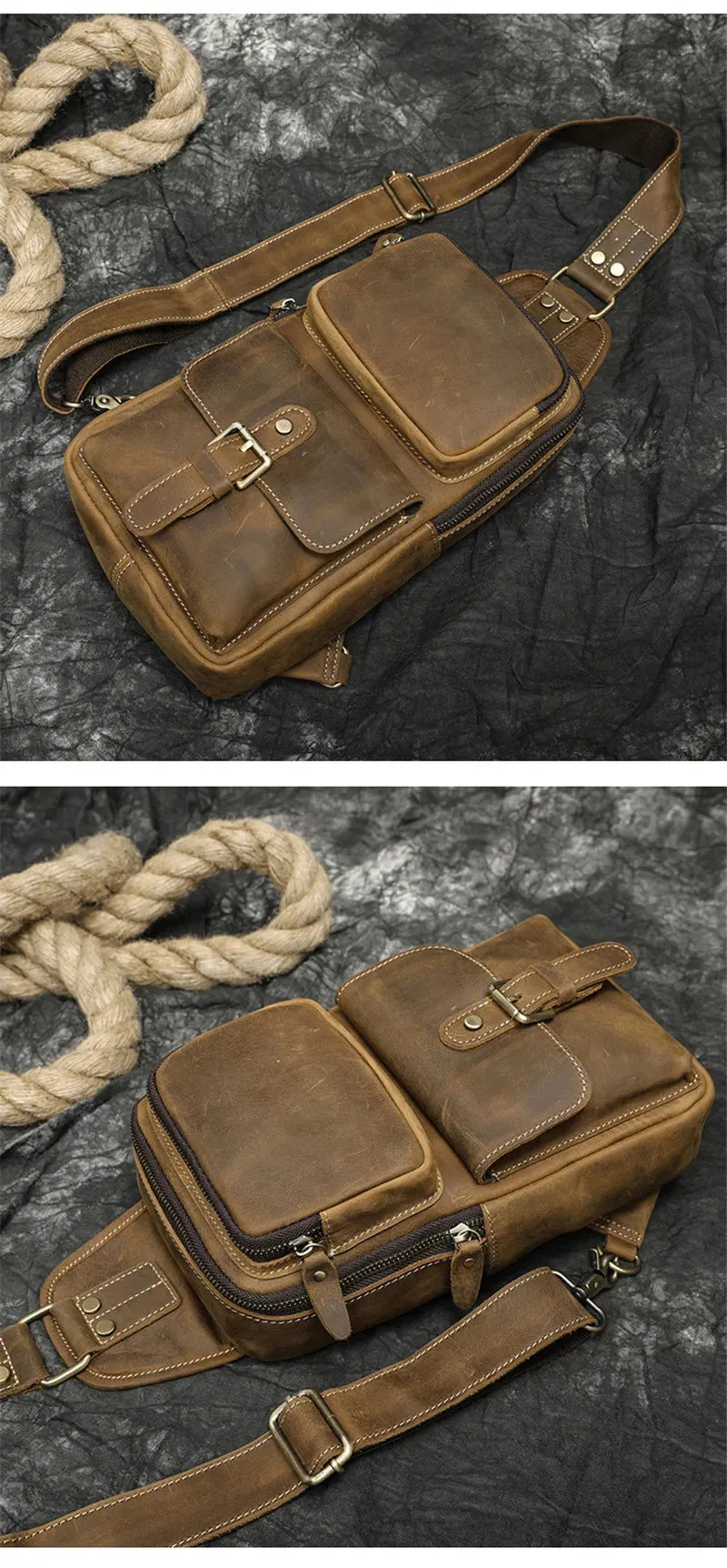 Men's Vintage Fashion Multi-pocket Genuine Leather Outdoor Travel Chest Bag