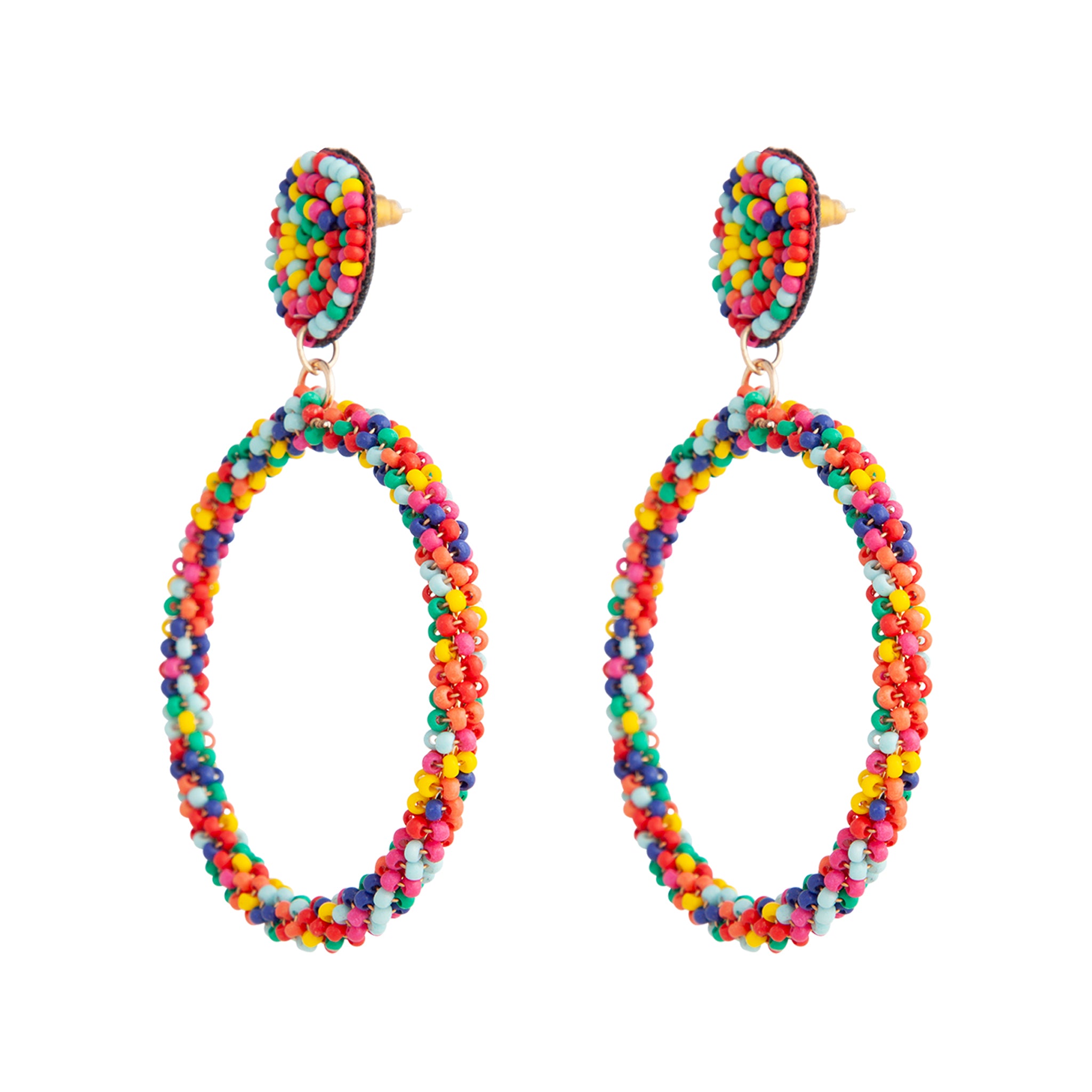 Rainbow Seed Bead Drop Hoop Earrings