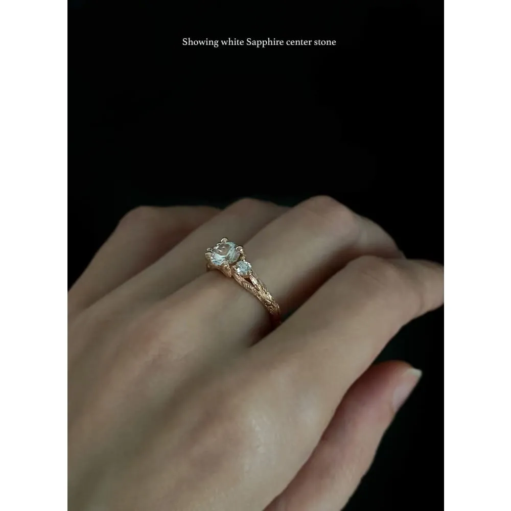 Three Stone Twig Leaves Ring