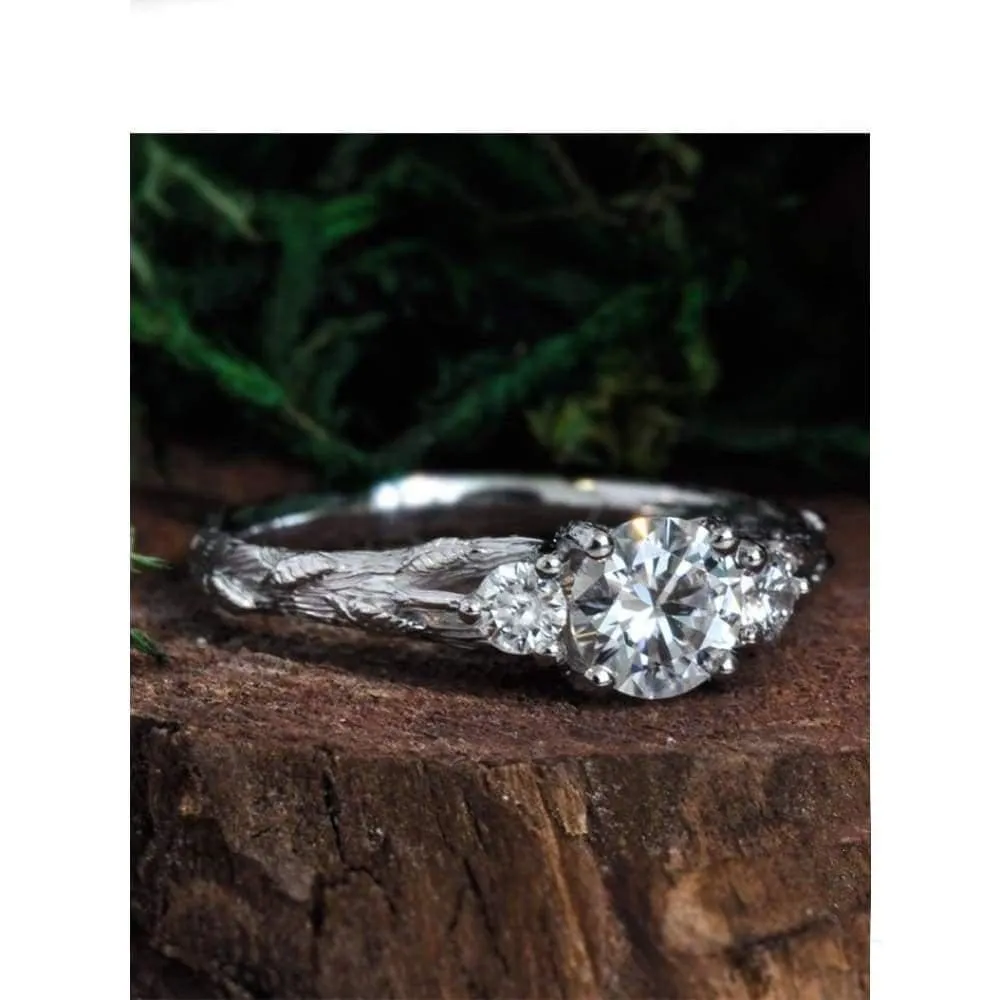 Three Stone Twig Leaves Ring