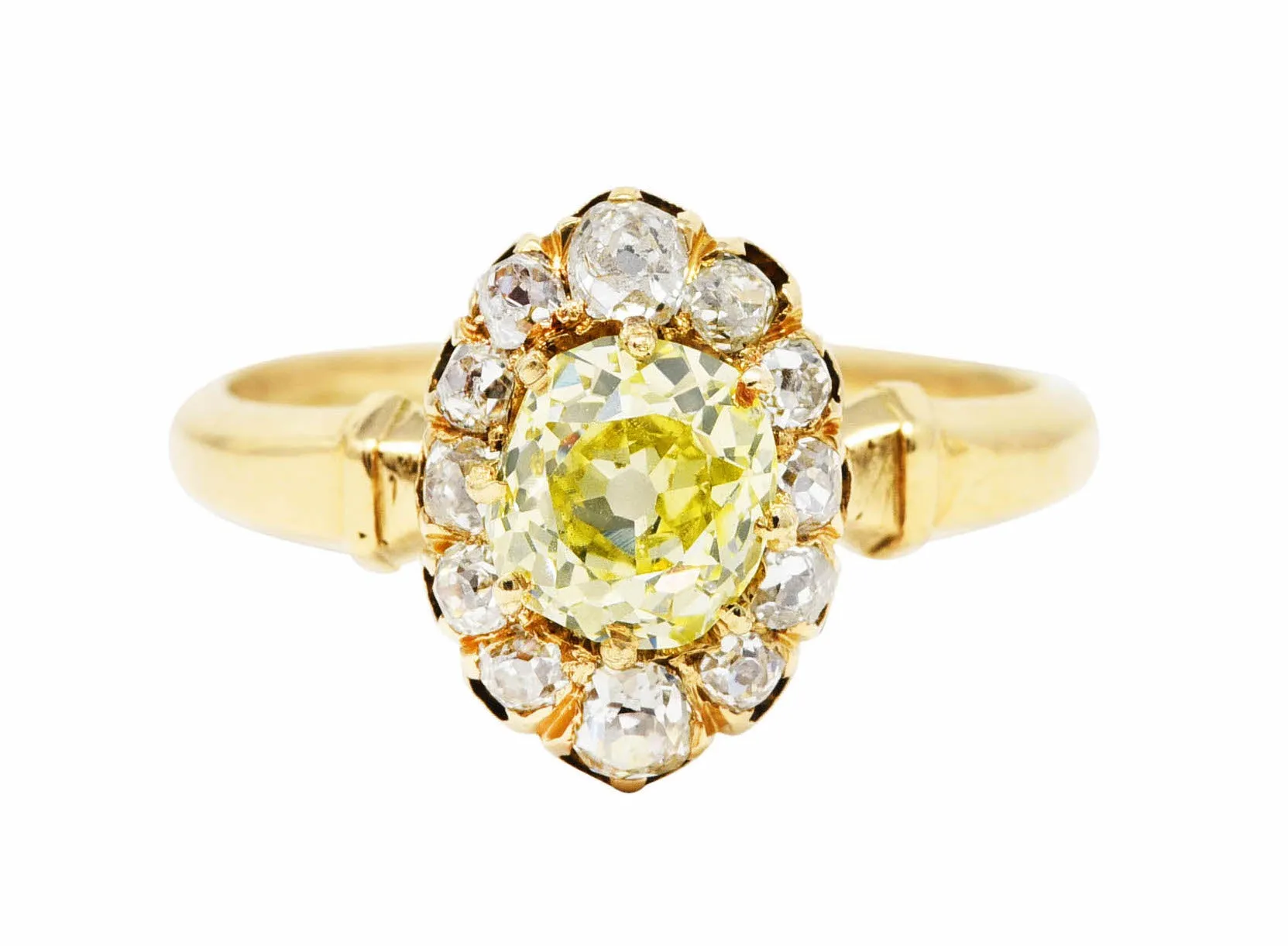 Victorian 1.20 CTW Fancy Yellow Colored Diamond 18 Karat Yellow Gold Antique Cluster Ring