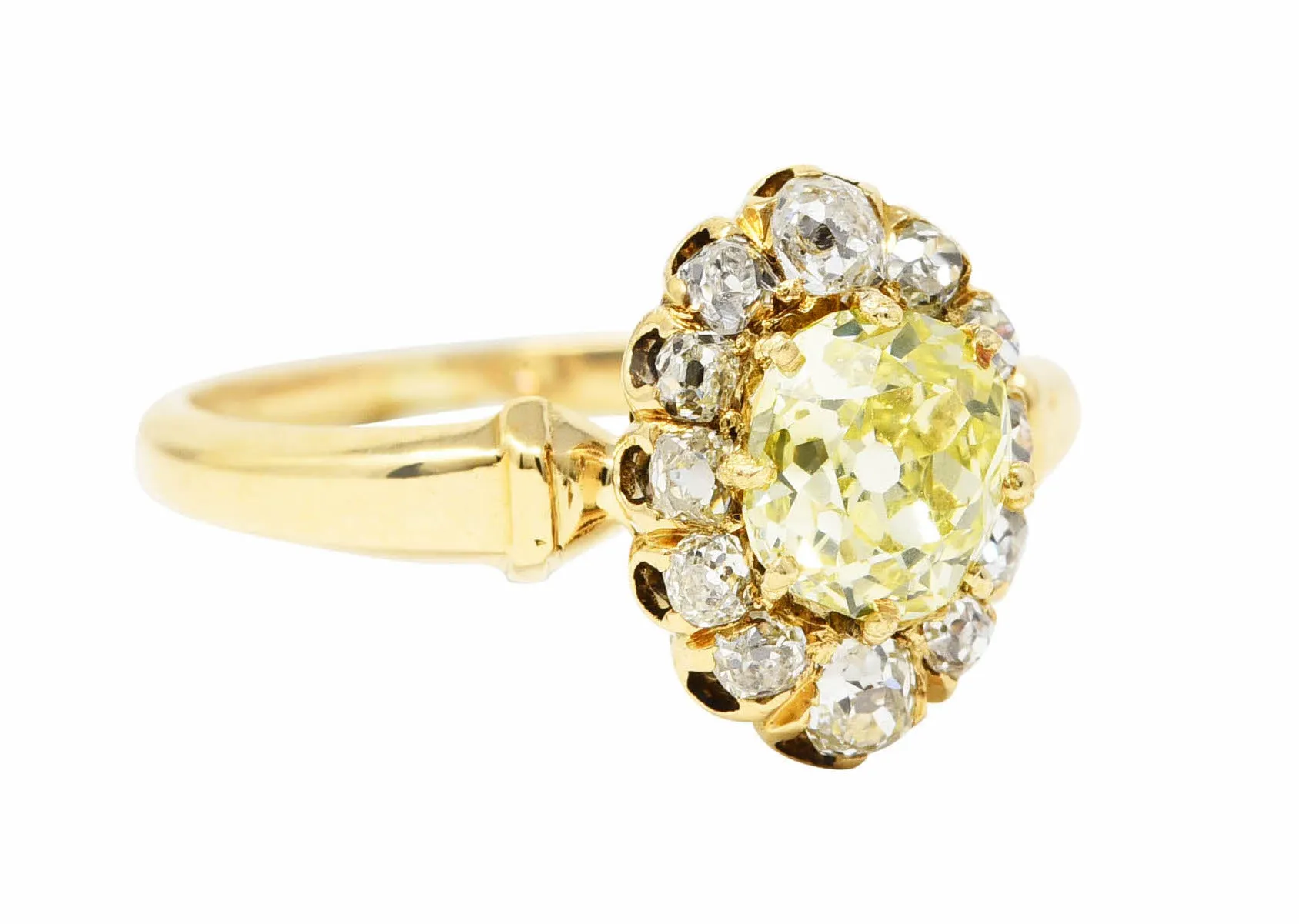 Victorian 1.20 CTW Fancy Yellow Colored Diamond 18 Karat Yellow Gold Antique Cluster Ring