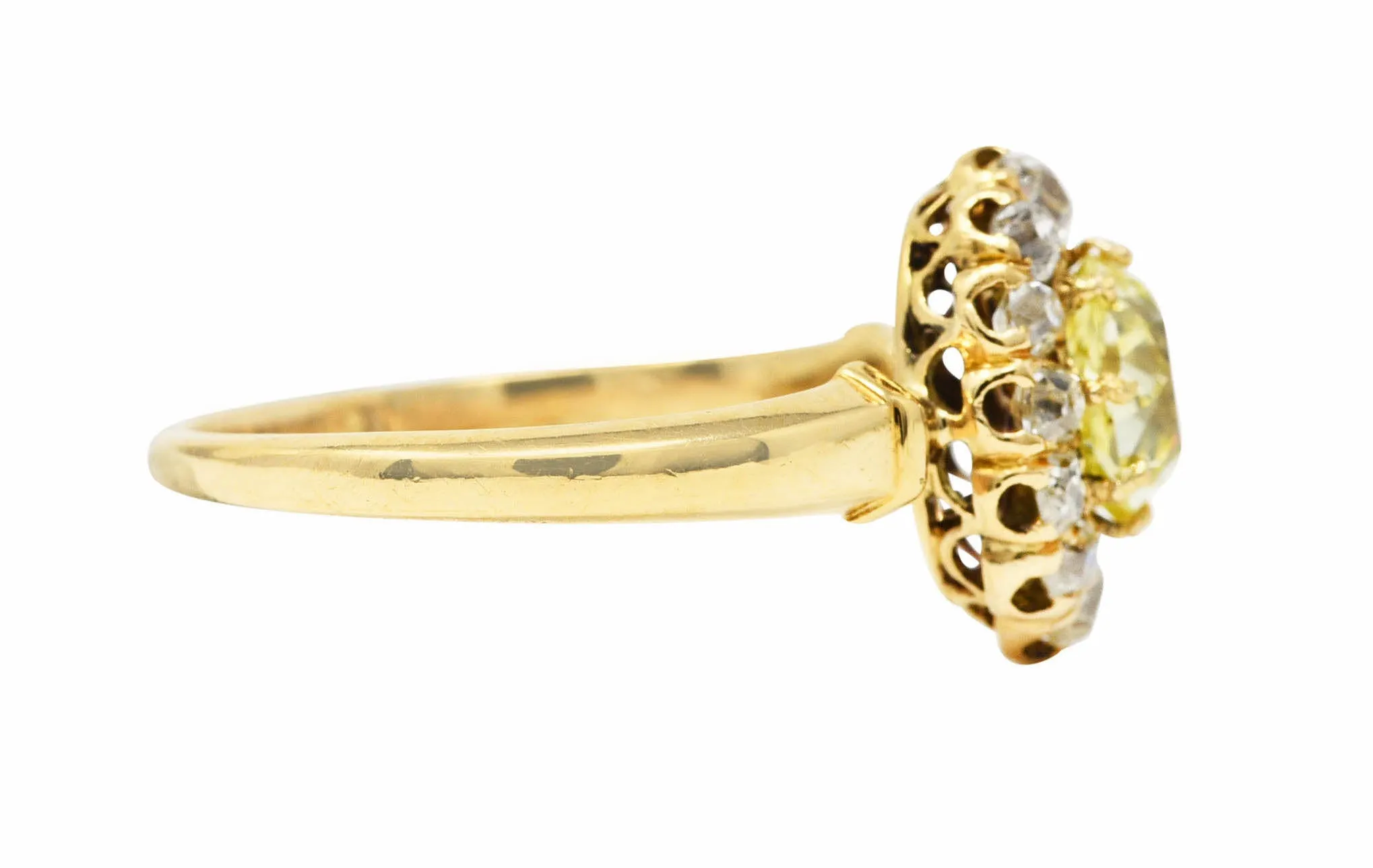 Victorian 1.20 CTW Fancy Yellow Colored Diamond 18 Karat Yellow Gold Antique Cluster Ring