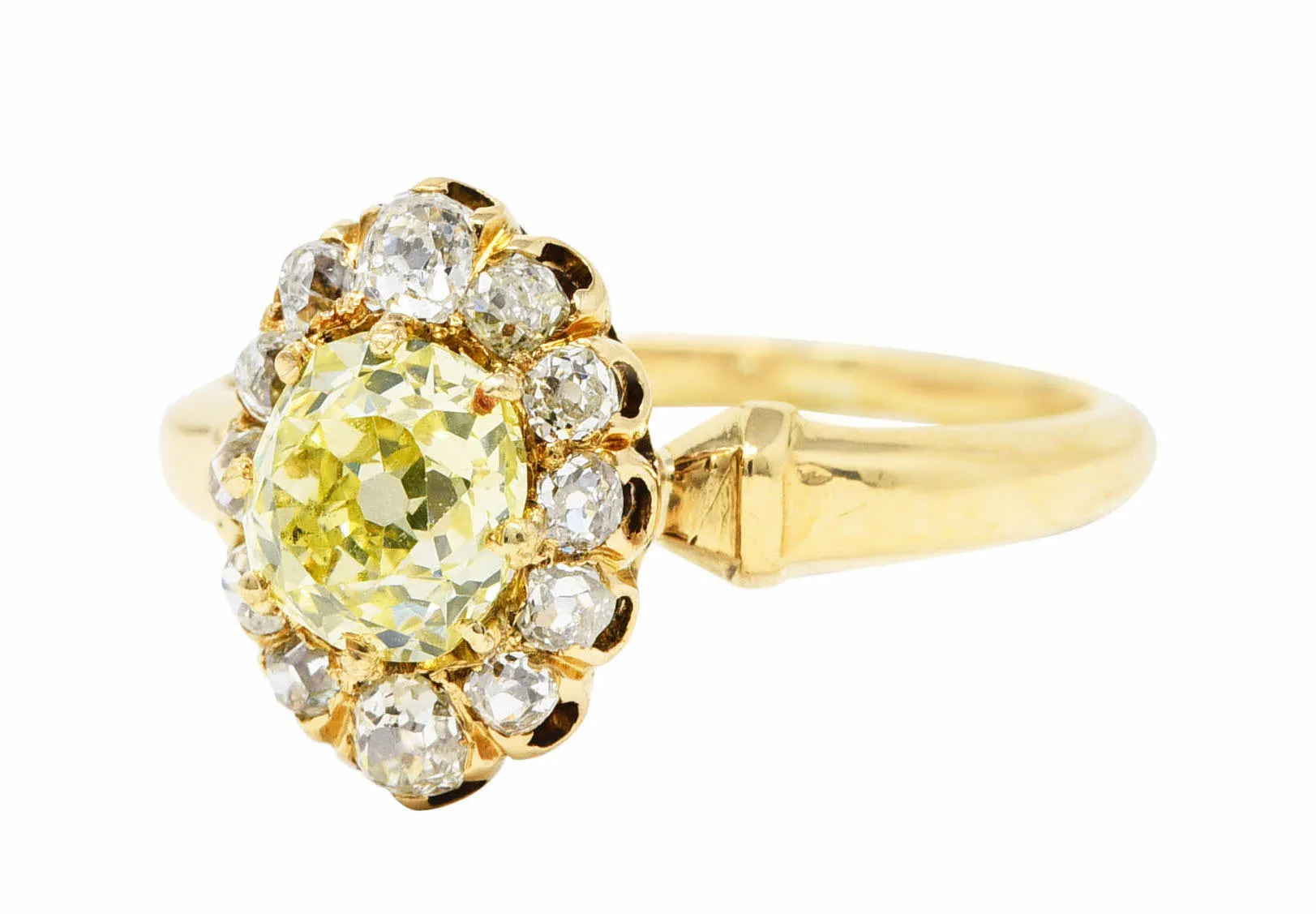 Victorian 1.20 CTW Fancy Yellow Colored Diamond 18 Karat Yellow Gold Antique Cluster Ring