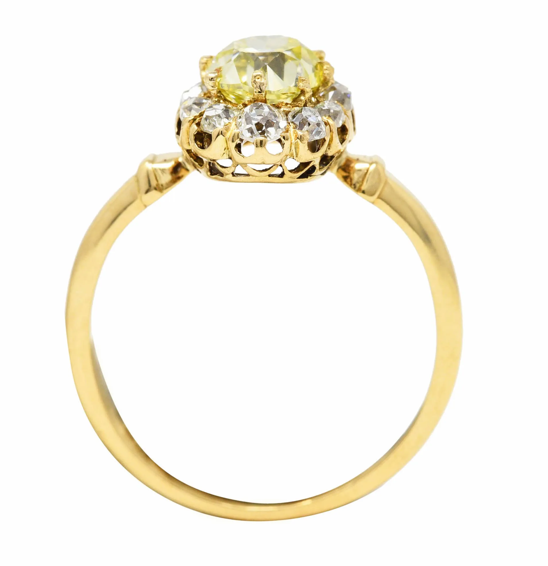 Victorian 1.20 CTW Fancy Yellow Colored Diamond 18 Karat Yellow Gold Antique Cluster Ring