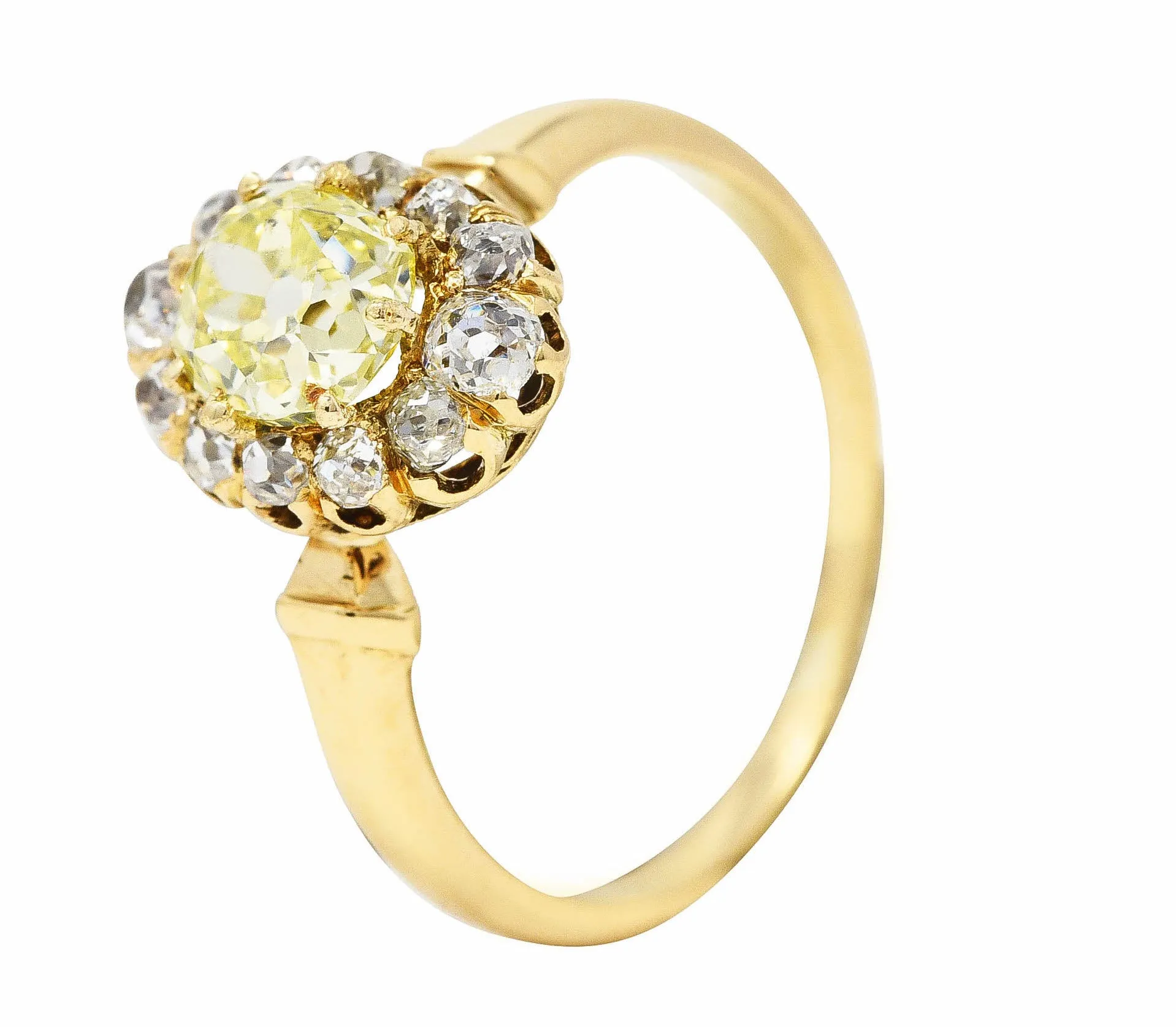 Victorian 1.20 CTW Fancy Yellow Colored Diamond 18 Karat Yellow Gold Antique Cluster Ring