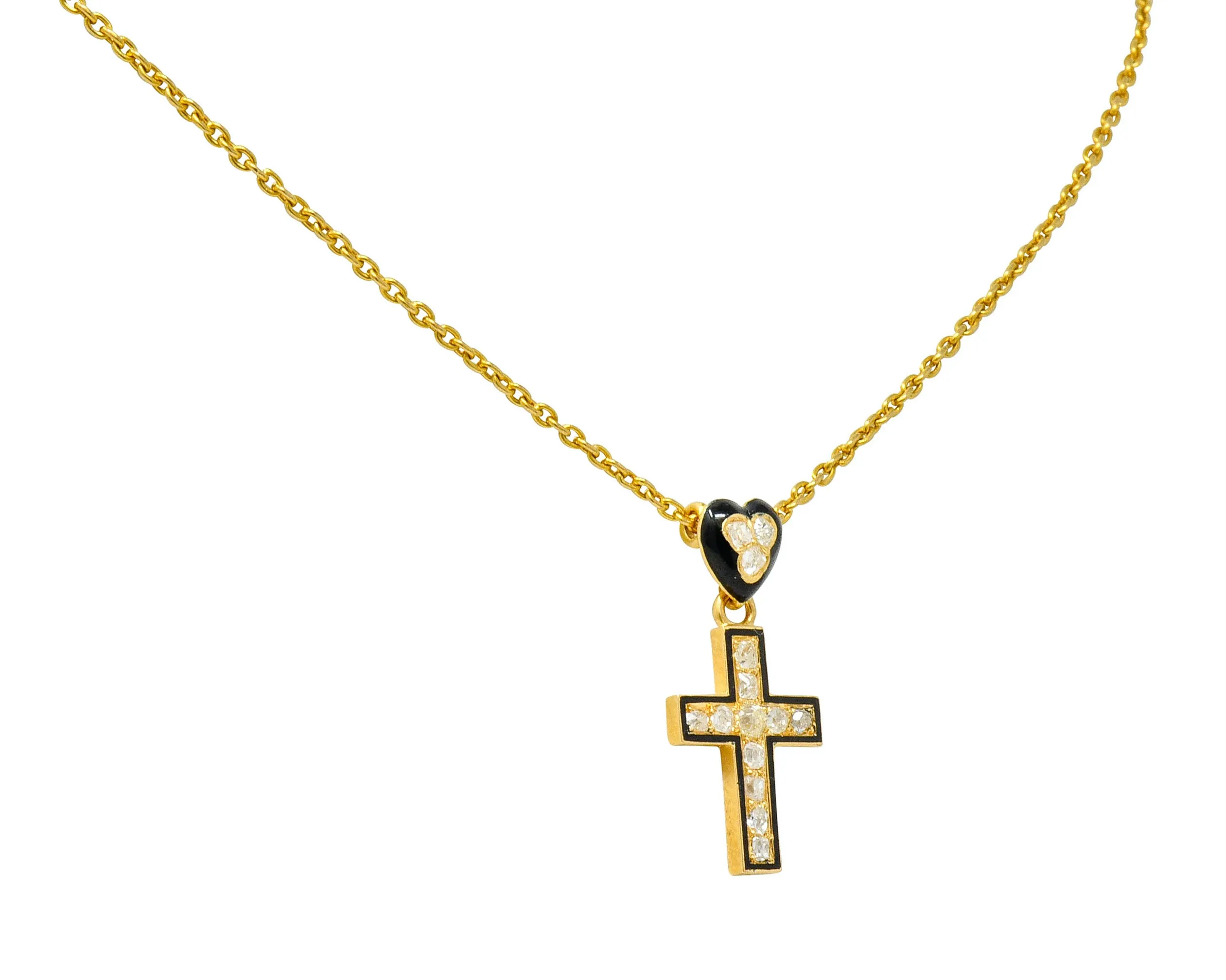 Victorian Diamond Enamel 18 Karat Gold Mourning Heart Cross Necklace