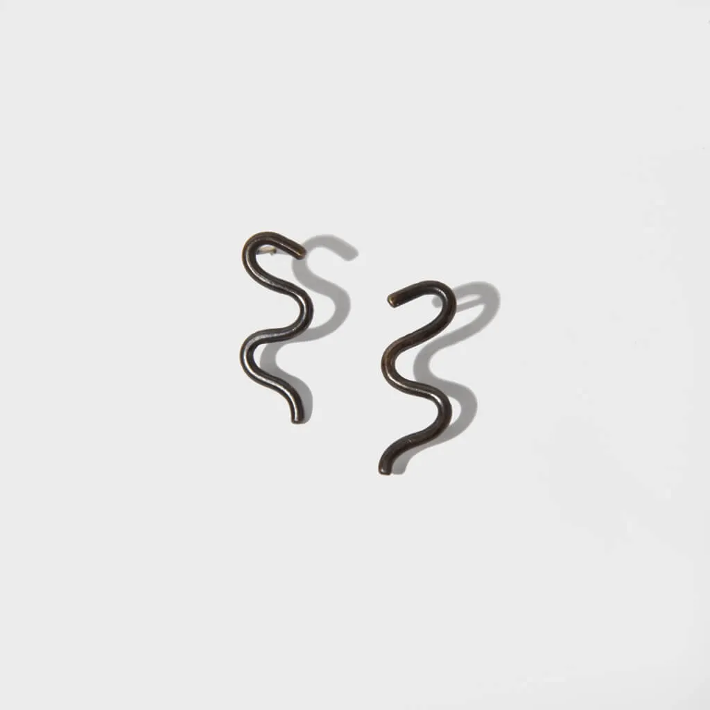 Wavy Stud Earrings - Oxidized Brass