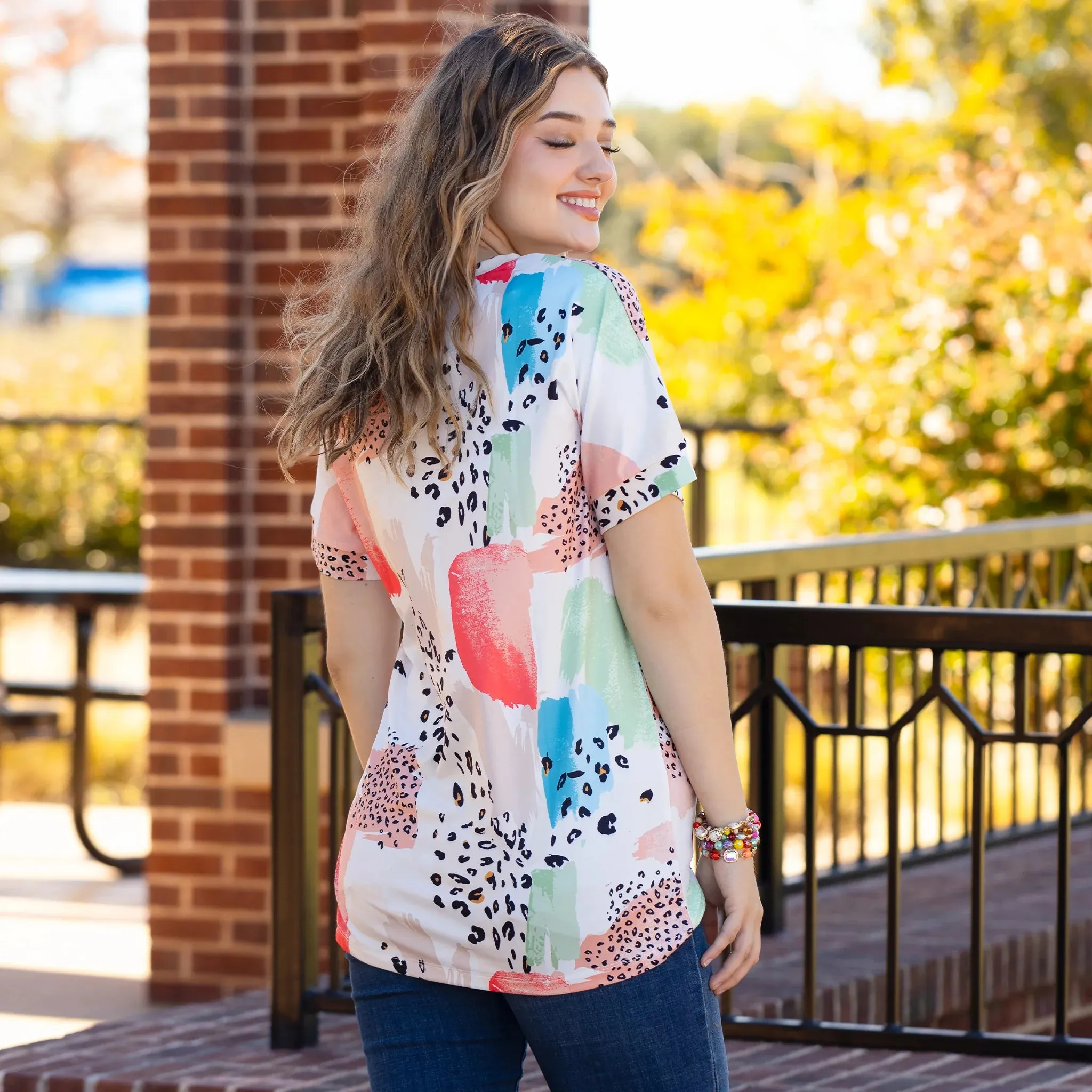 White, leopard, paint swatch short sleeve top